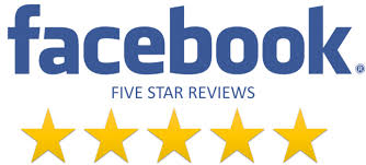 fb Facebook logo with the words "FIVE STAR REVIEWS" and five yellow stars below it.