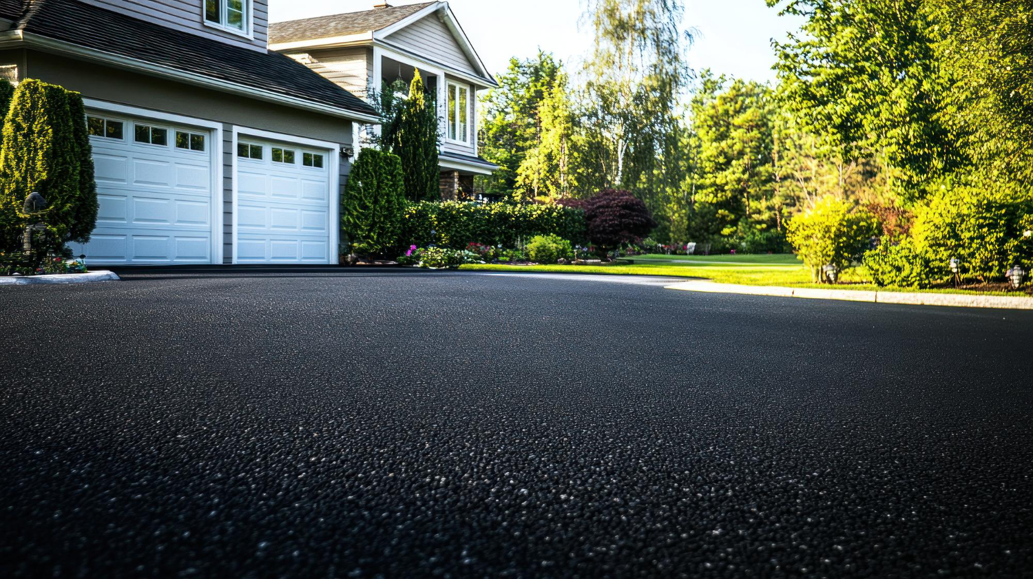 Freshly paved black asphalt driveway by Jones Asphalt VA in front of a suburban house with white garage doors and lush greenery.