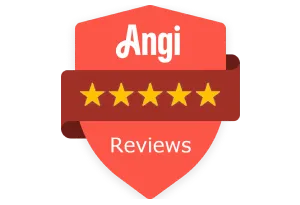 angi Red shield badge reading "Angi Reviews" with five gold stars across the center.
