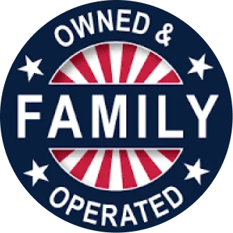family-owned Blue circular badge reading "Owned & Operated" with "Family" in large letters and red-and-white rays in background.