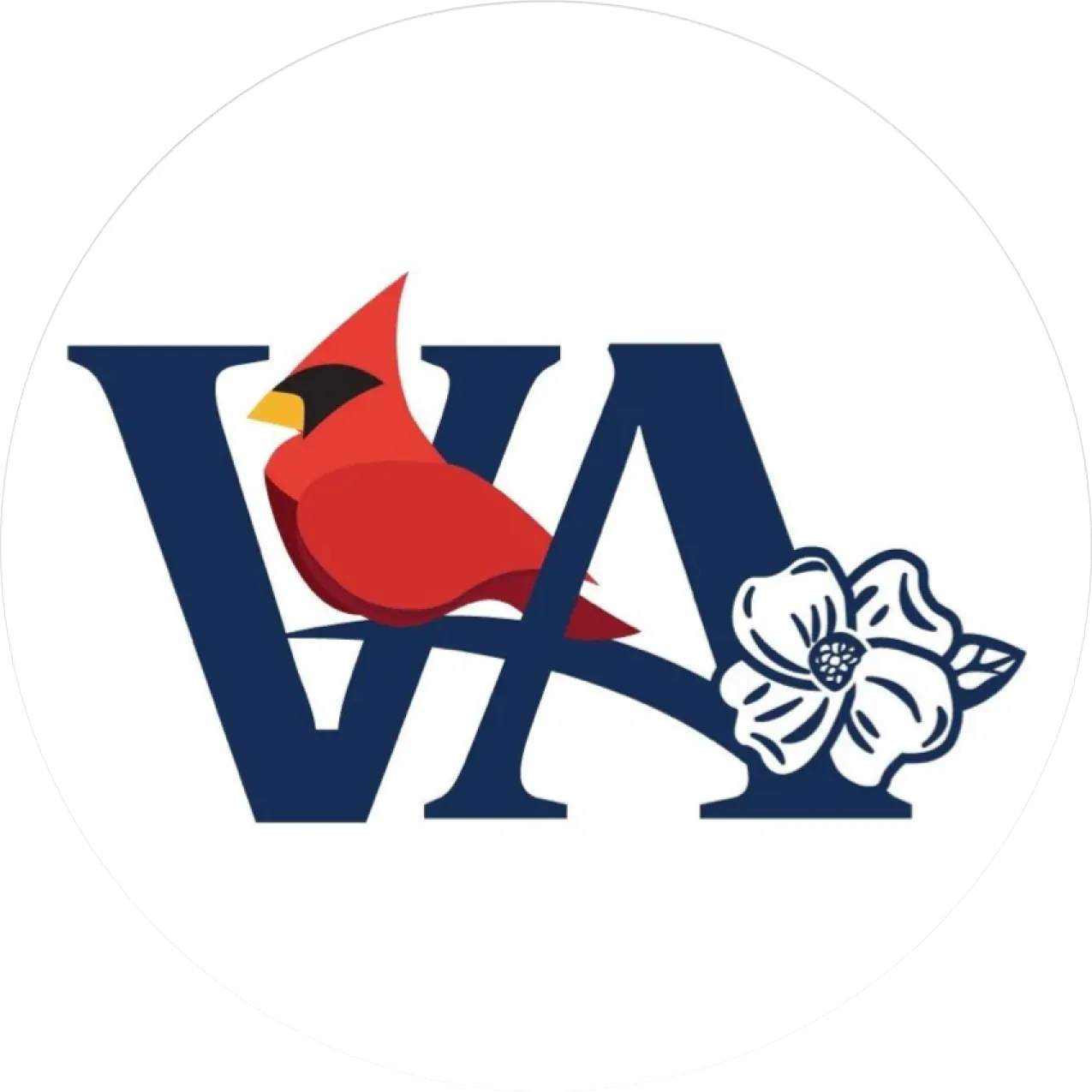 va-state The letters "VA" with a red cardinal and a dogwood flower on a white background.